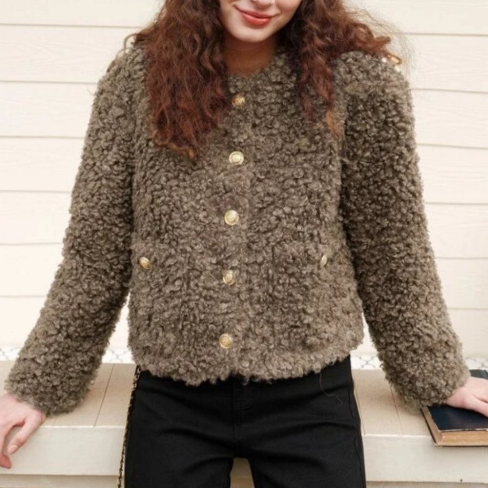 Brown Teddy faux fur Button Down with Pockets Jacket Coat - Picture 1 of 7